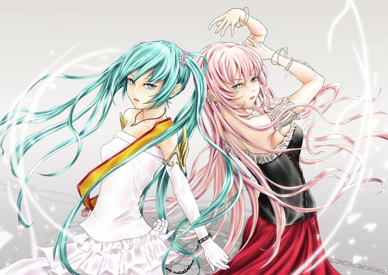 Two Anime Girls Dancing — Cyan, Dynamic, Long Hair, Dresses