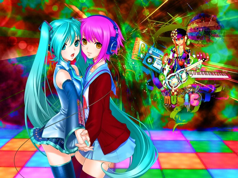 Two Anime Girls Dancing — Cyan, Vibrant, Energetic