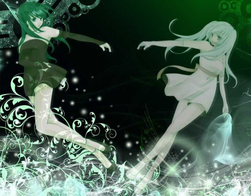 Two Anime Girls Dancing — Green, Dynamic