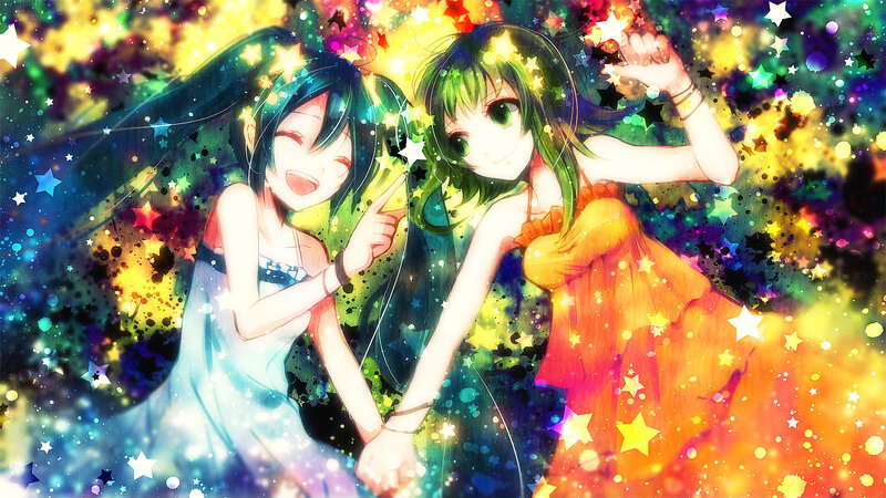 Two Anime Girls Dancing — Green, Festive, Stars