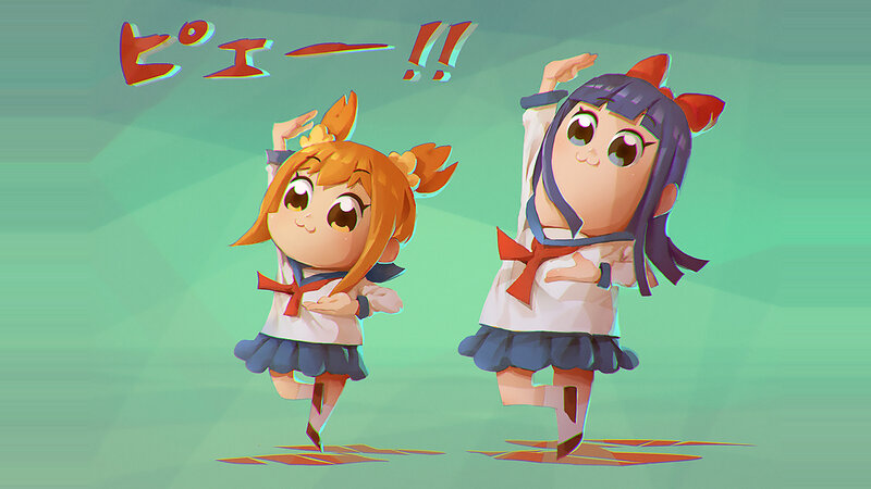 Two Anime Girls Dancing — Green, Playful, School Uniforms