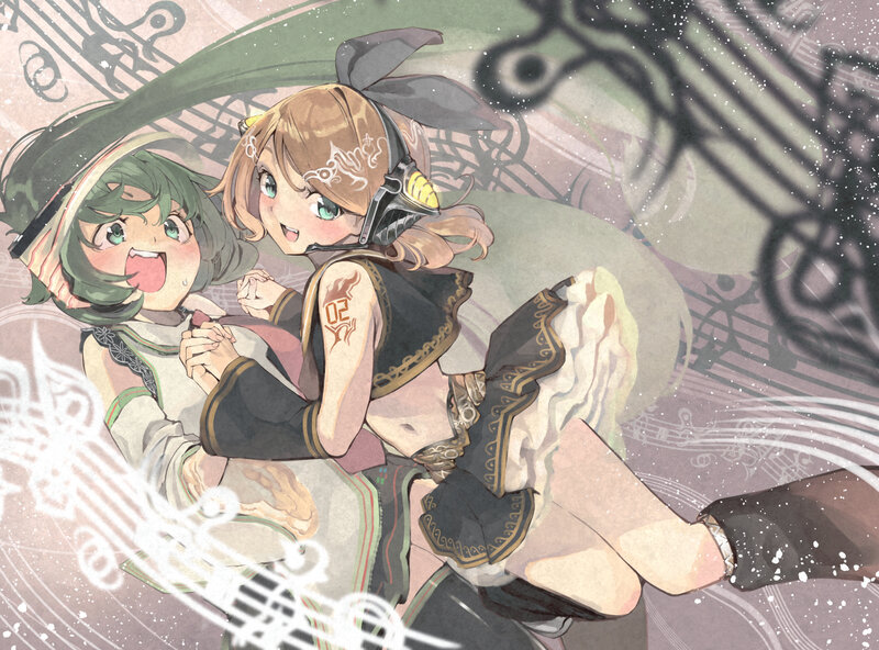 Two Anime Girls Dancing — Green, Playful