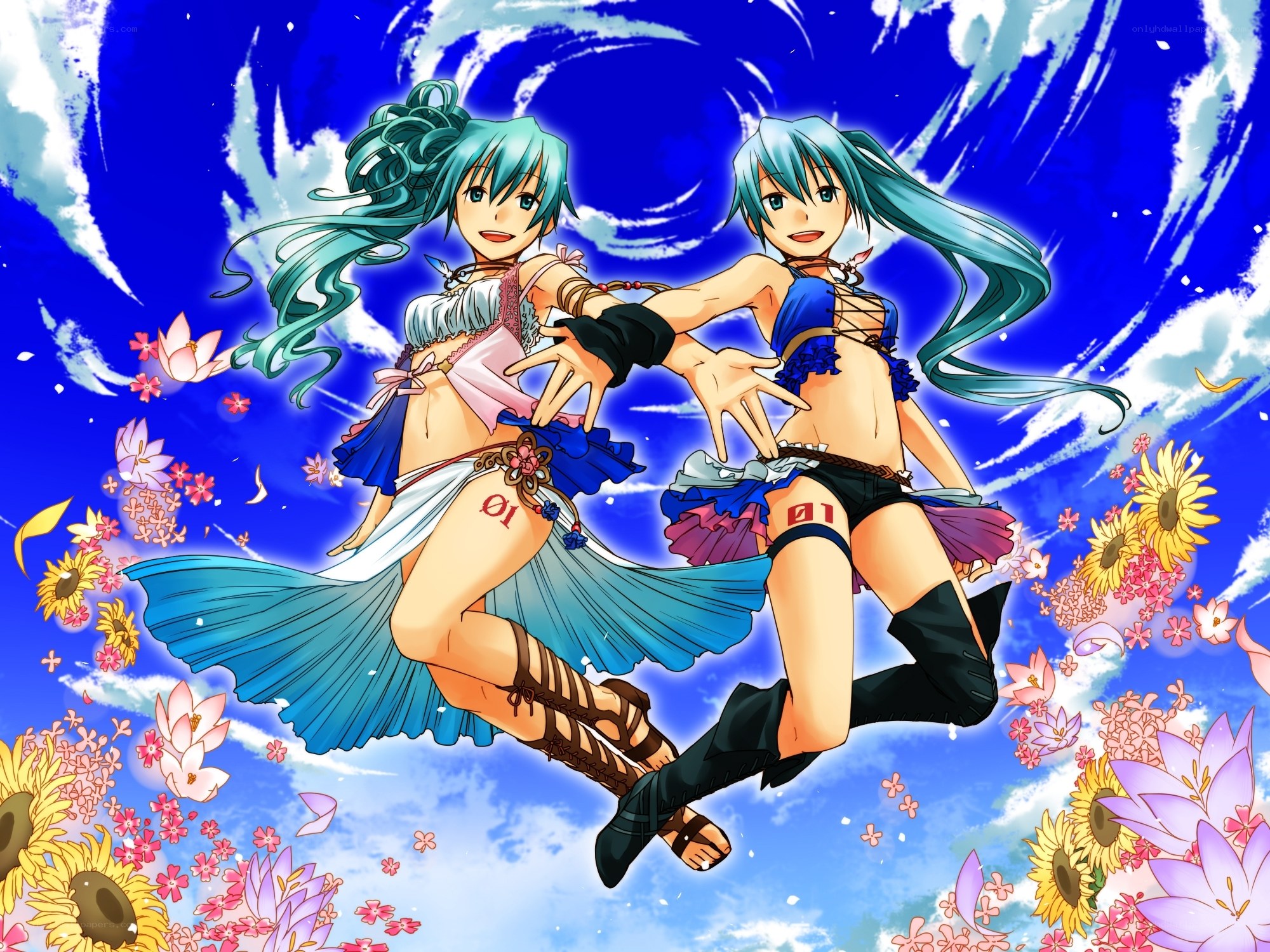 Two anime girls dancing in sky