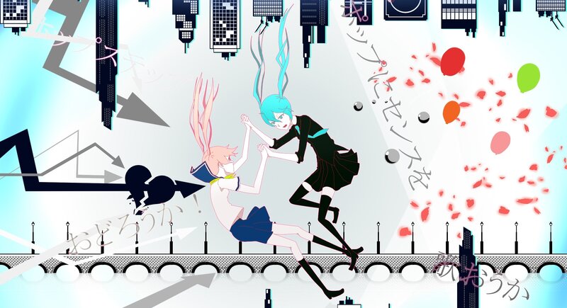 Two anime girls dancing on a bridge