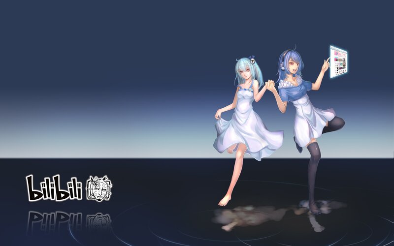 Two anime girls dancing on stage