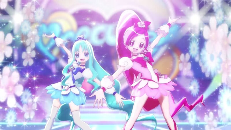 Two Anime Girls Dancing — Pink, Energetic, Flowers