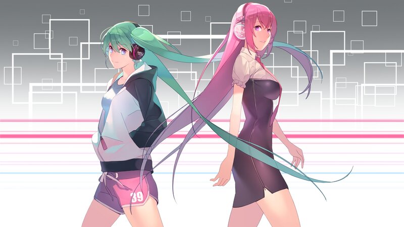 Two Anime Girls Dancing — Pink, Energetic, Headphones