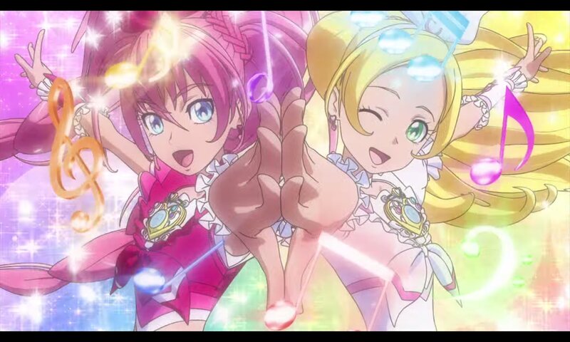 Two Anime Girls Dancing — Pink, Energetic, Music Notes, Sparkles