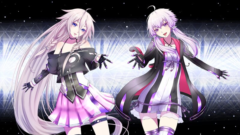 Two Anime Girls Dancing — Purple, Dramatic, Night, Long Hair, Stage Lights