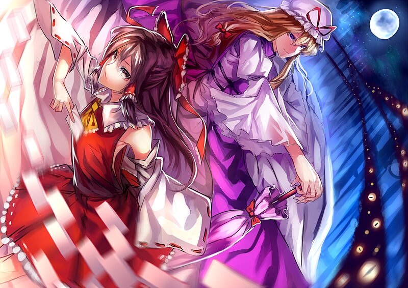 Two Anime Girls Dancing — Purple, Dramatic, Night, Moon