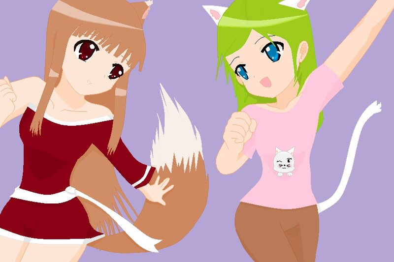 Two Anime Girls Dancing — Purple, Playful, Cat Ears