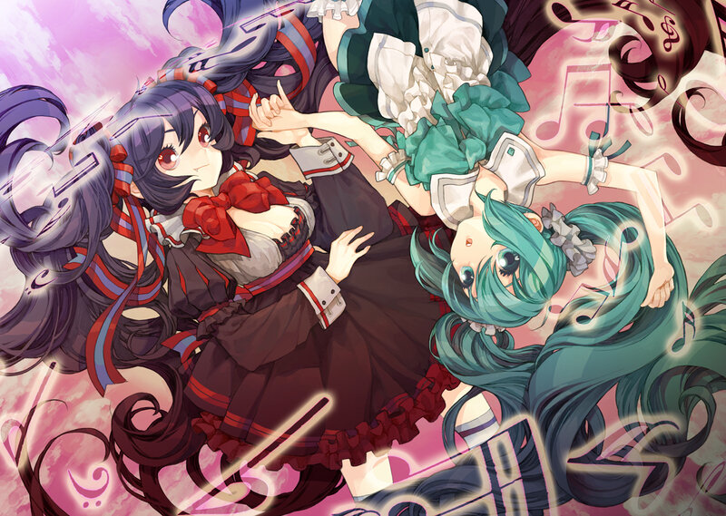 Two anime girls dancing with music notes