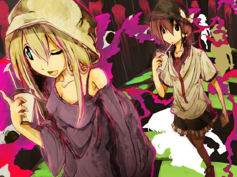 Two Anime Girls Drinking — Purple, Calm