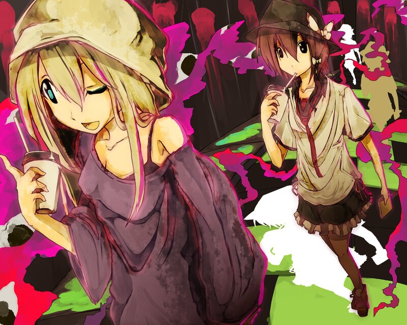 Two Anime Girls Drinking — Purple, Playful, Drinks