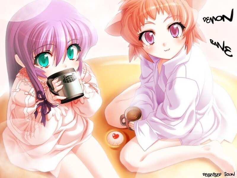 Two anime girls drinking tea