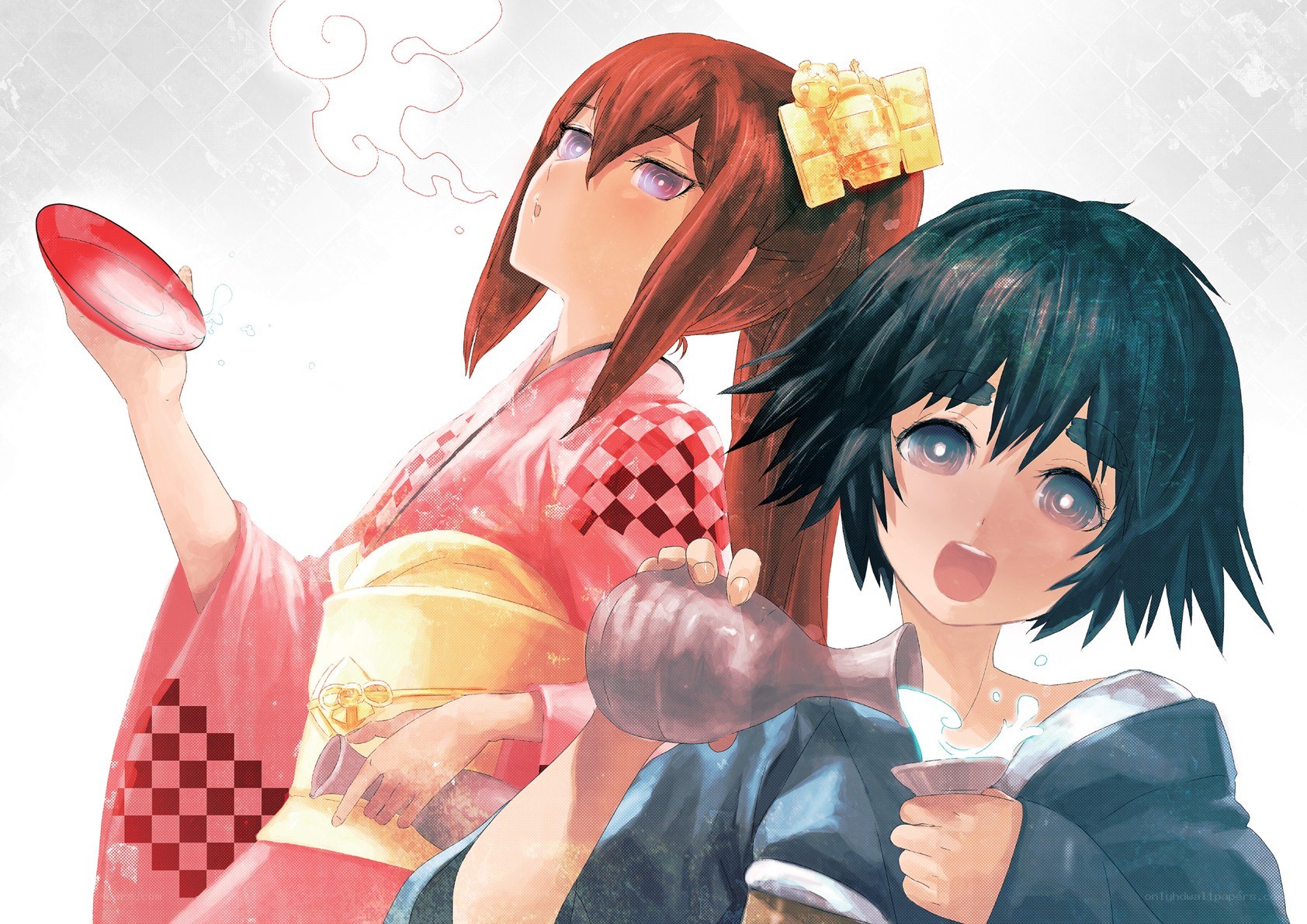 Two anime girls drinking together
