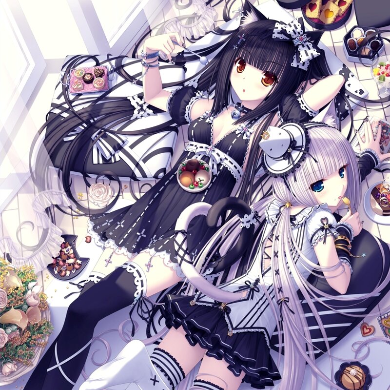 Two Anime Girls Eating — Black, Calm