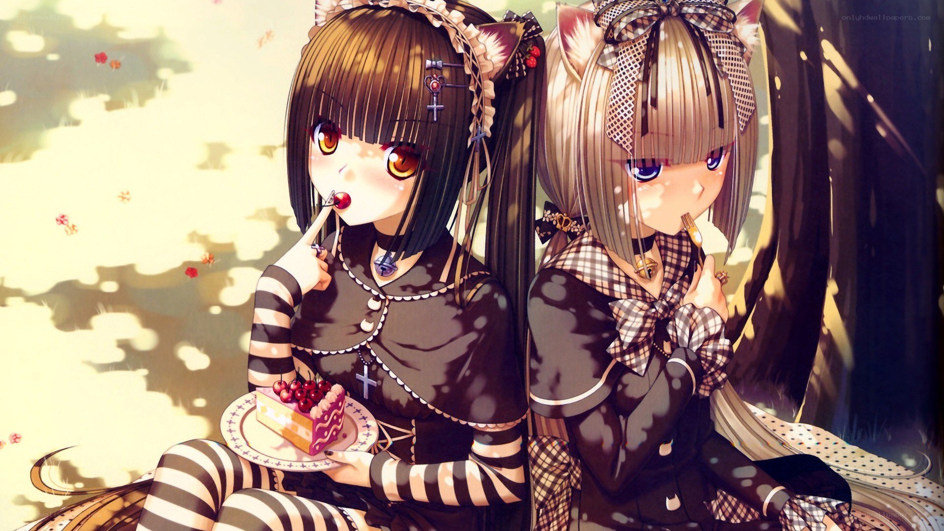 Two anime girls eating cake