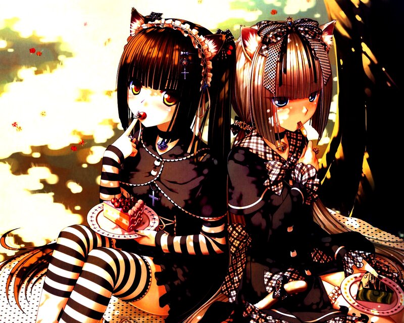 Two Anime Girls Eating Cake — Black, Calm