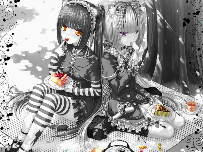 Two Anime Girls Eating Cake — Black