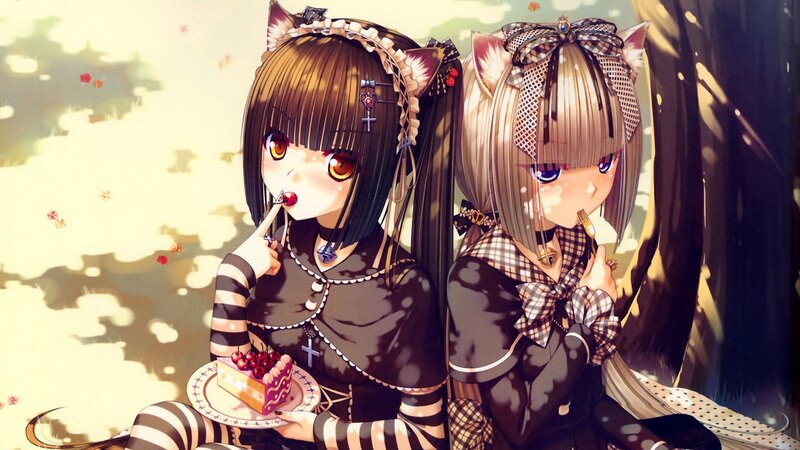 Two Anime Girls Eating Cake — Brown, Calm, Afternoon, Cat Ears