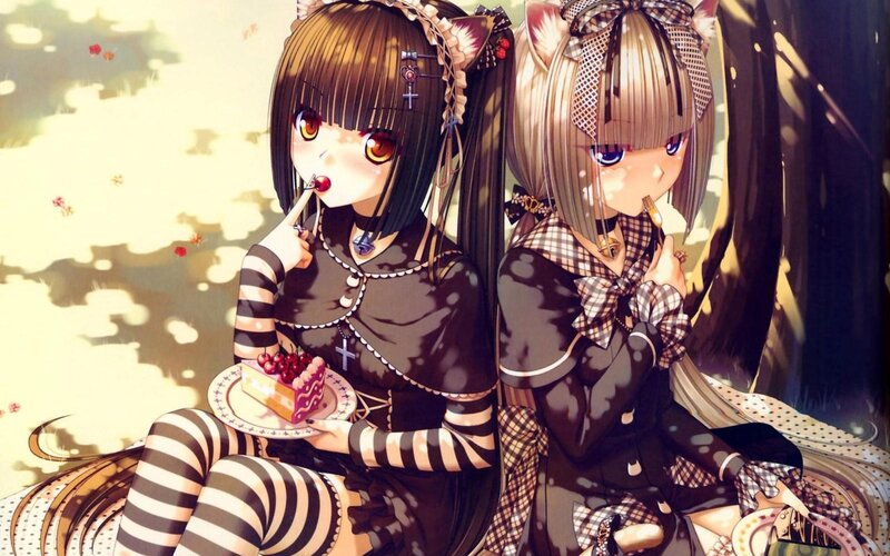 Two Anime Girls Eating Cake — Brown, Calm