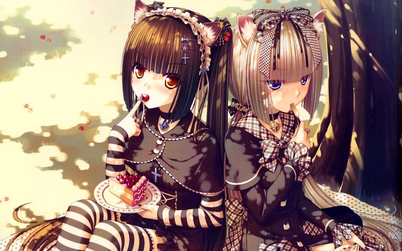 Two Anime Girls Eating Cake — Brown, Peaceful, Afternoon, Cherry