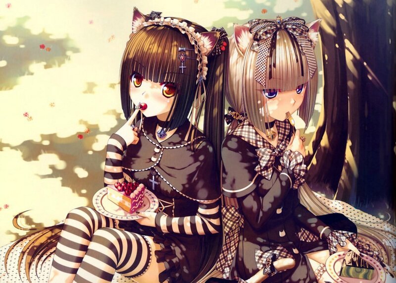Two Anime Girls Eating Cake — Brown, Peaceful