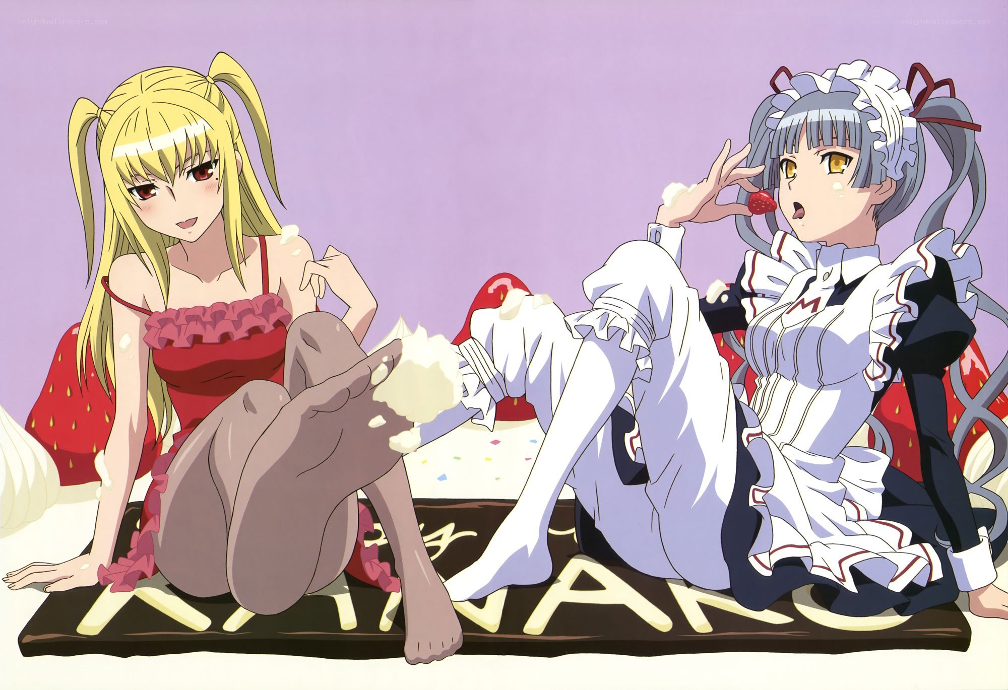 Two anime girls eating cake