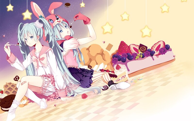 Two Anime Girls Eating Dessert — Pink