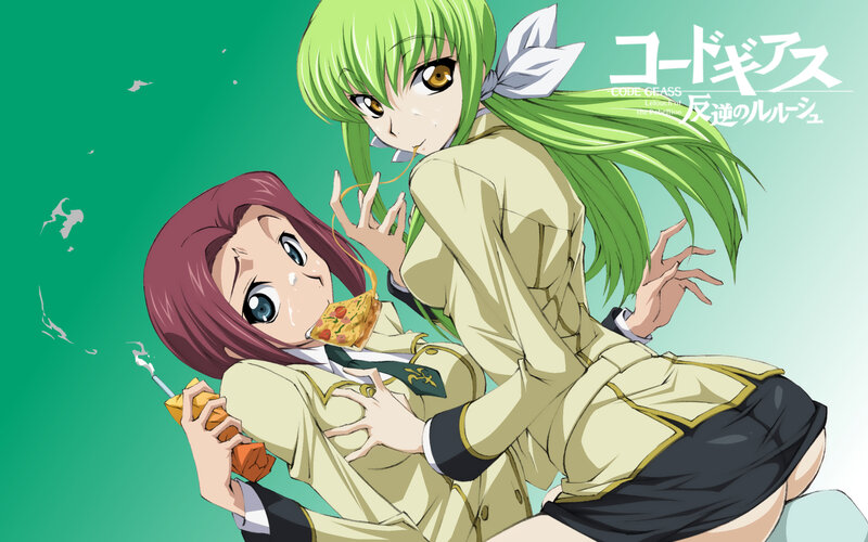 Two Anime Girls Eating — Green, Playful, Pizza, Drink