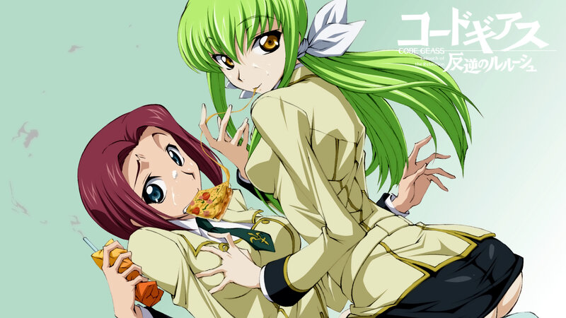 Two Anime Girls Eating — Green, Playful, Pizza, School Uniform
