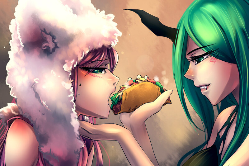 Two Anime Girls Eating — Green, Playful