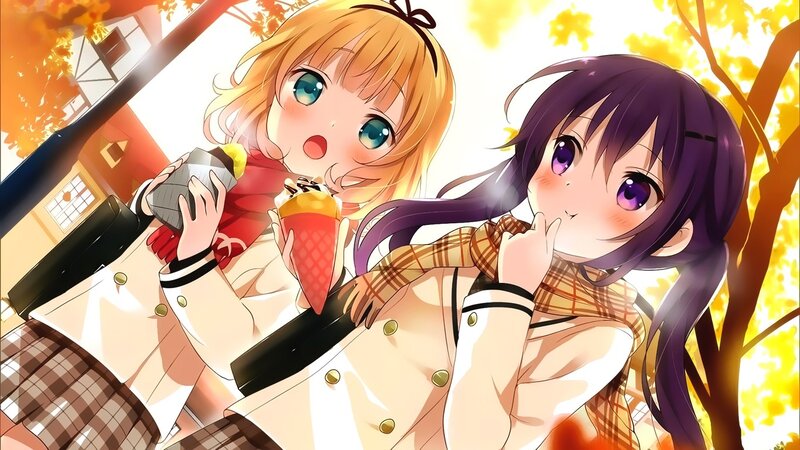 Two Anime Girls Eating Ice Cream — Yellow, Cheerful