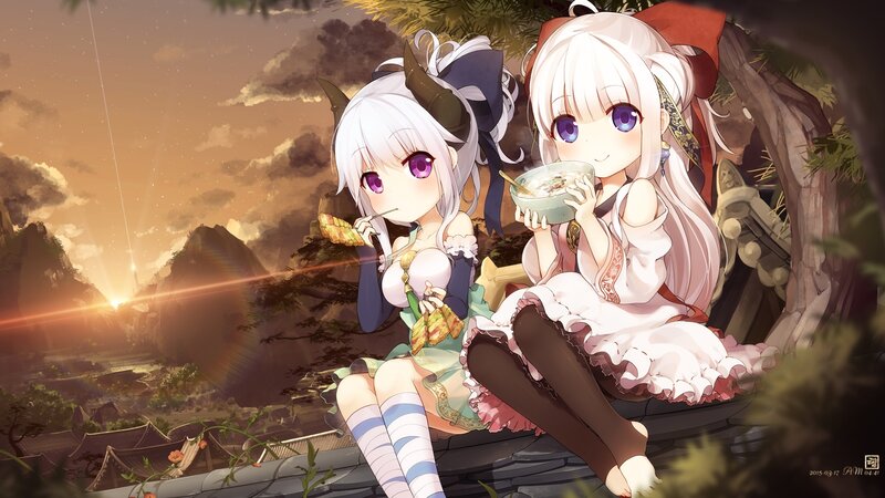 Two Anime Girls Eating — Orange