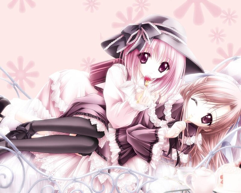 Two Anime Girls Eating — Pink, Calm