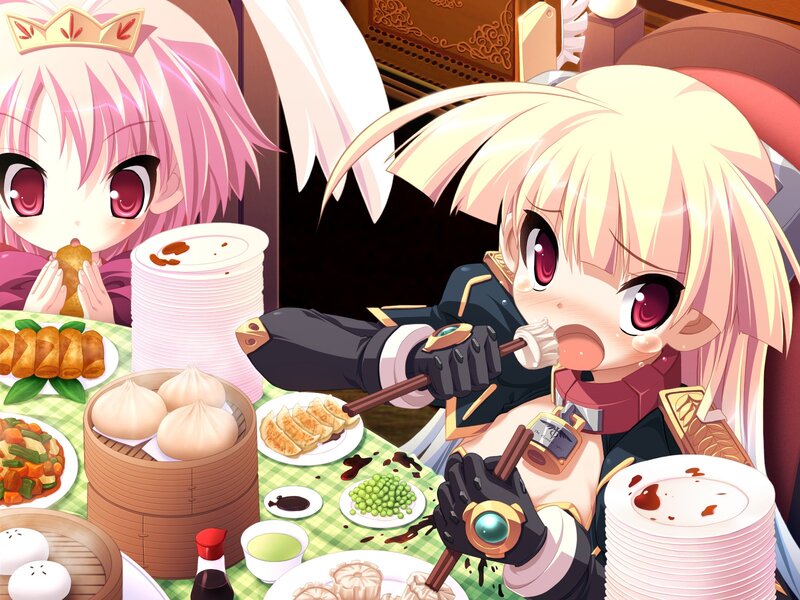 Two Anime Girls Eating — Pink, Playful, Food