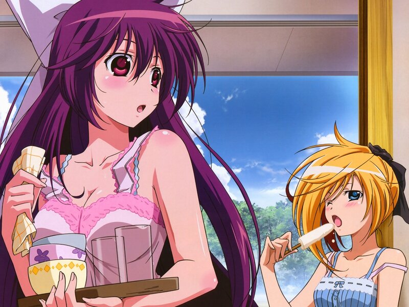 Two Anime Girls Eating — Purple, Cheerful