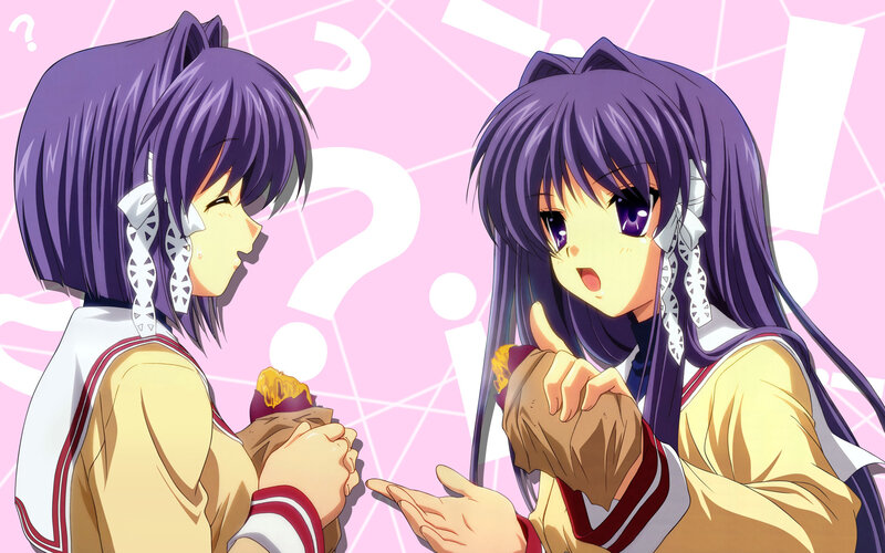 Two Anime Girls Eating — Purple, Playful