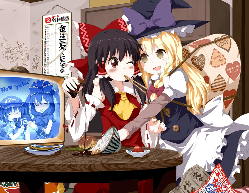 Two Anime Girls Eating — Red, Playful