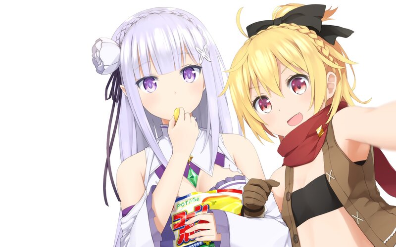 Two Anime Girls Eating — White, Playful, Snacks