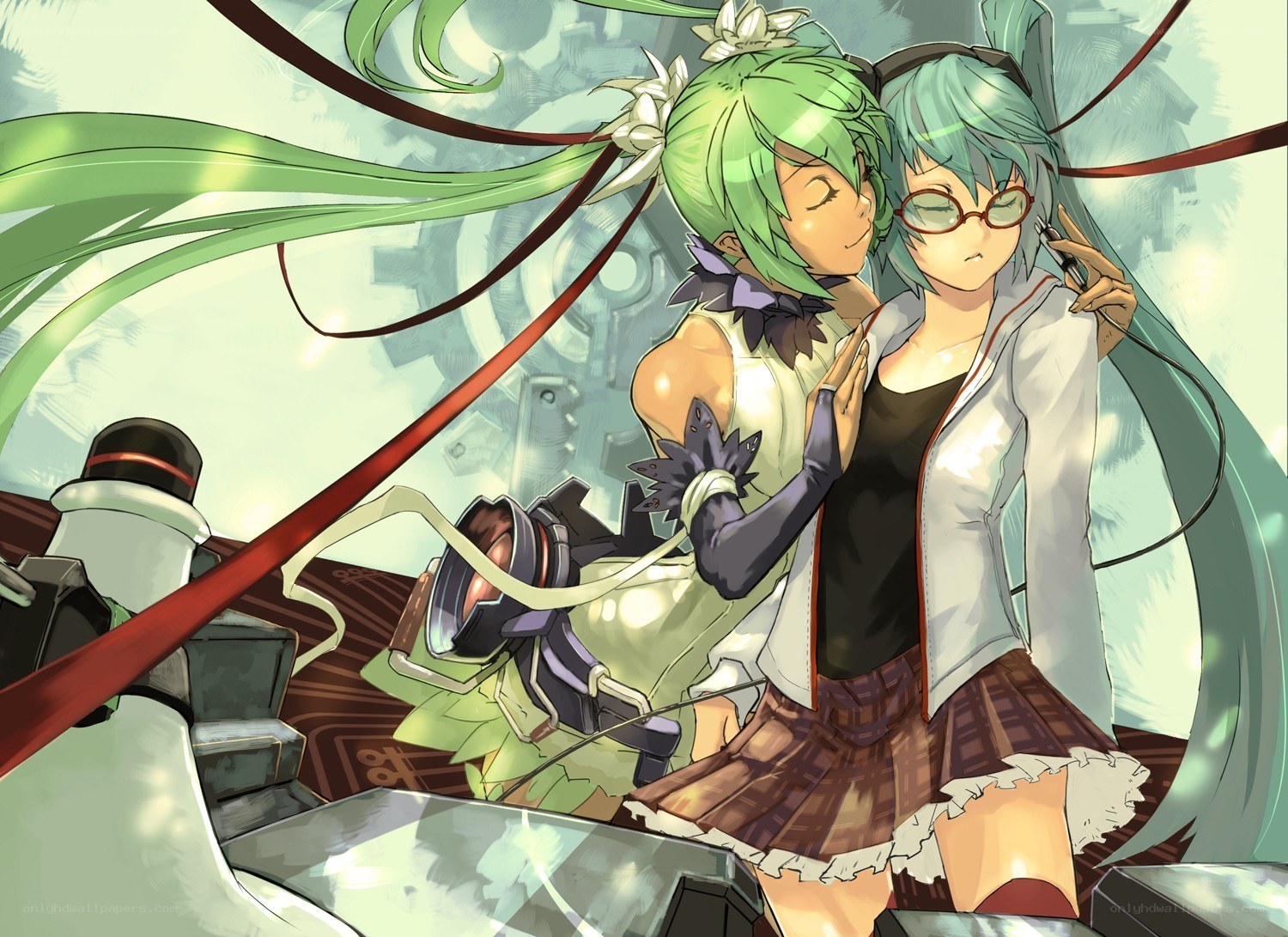 Two anime girls embracing