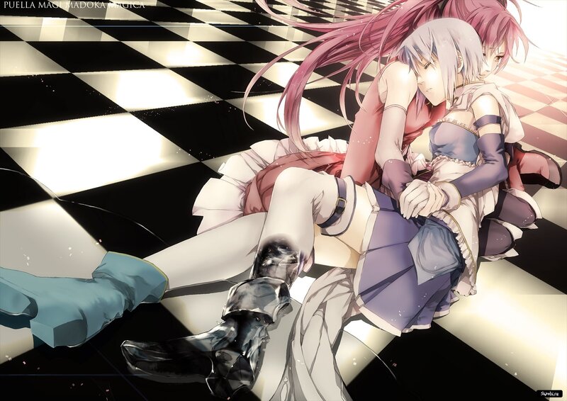 Two Anime Girls Embracing — Black, Dramatic, Chessboard Floor