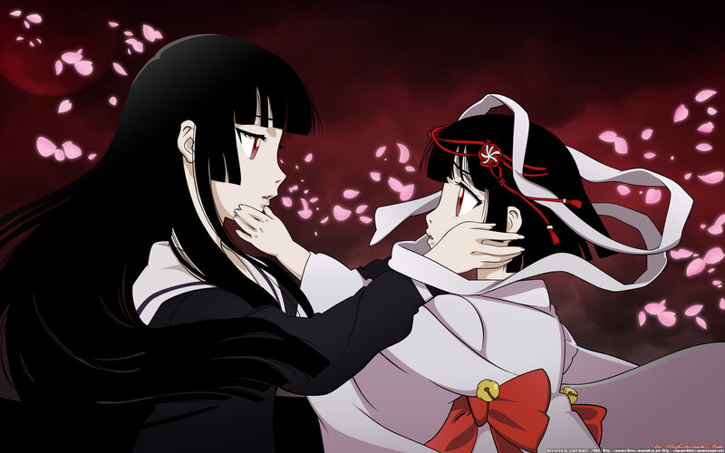 Two Anime Girls Embracing — Black, Dramatic, Night