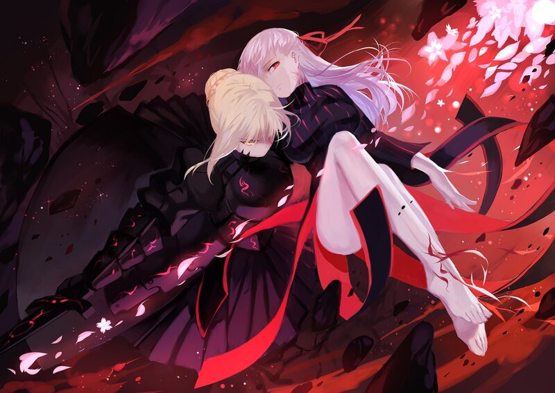 Two Anime Girls Embracing — Black, Dramatic, Spring