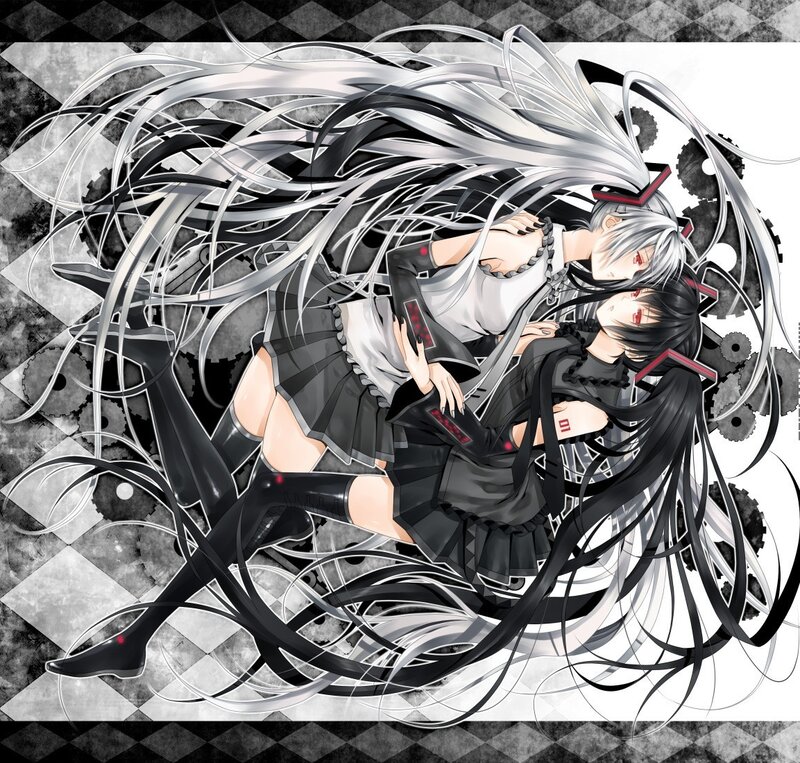 Two Anime Girls Embracing — Black, Dramatic
