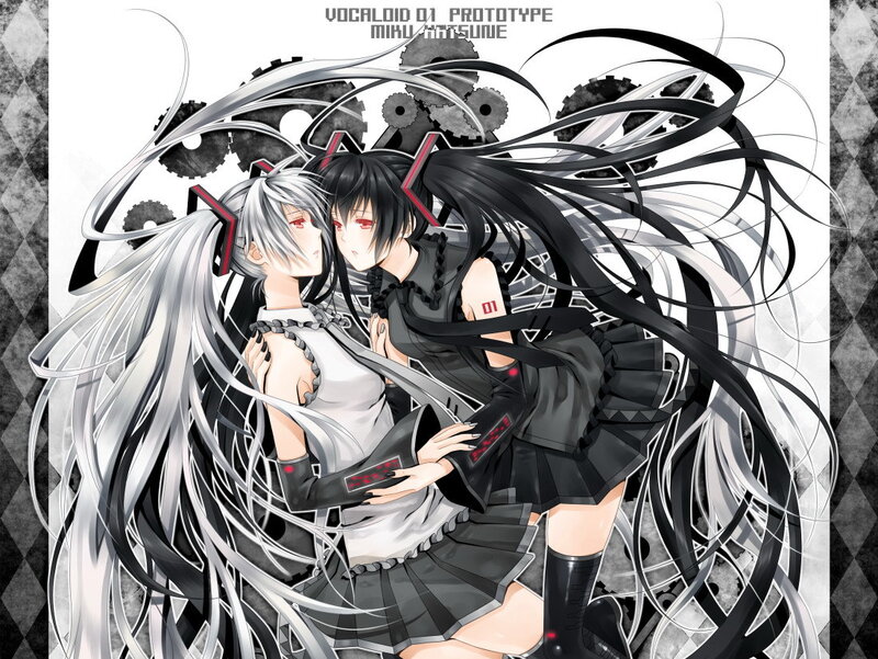 Two Anime Girls Embracing — Black
