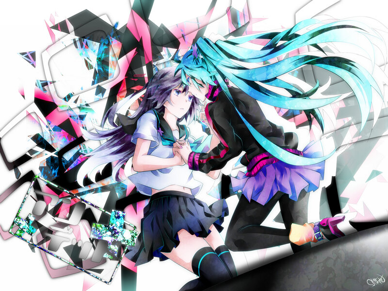 Two Anime Girls Embracing — Blue, Dramatic, Digital Art