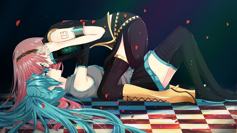 Two Anime Girls Embracing — Blue, Dramatic, Night, Heart Shapes