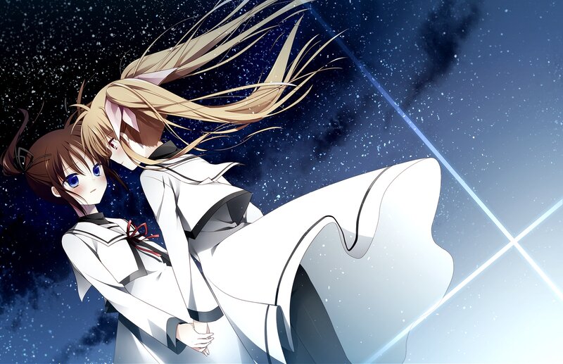 Two Anime Girls Embracing — Blue, Dramatic, Night
